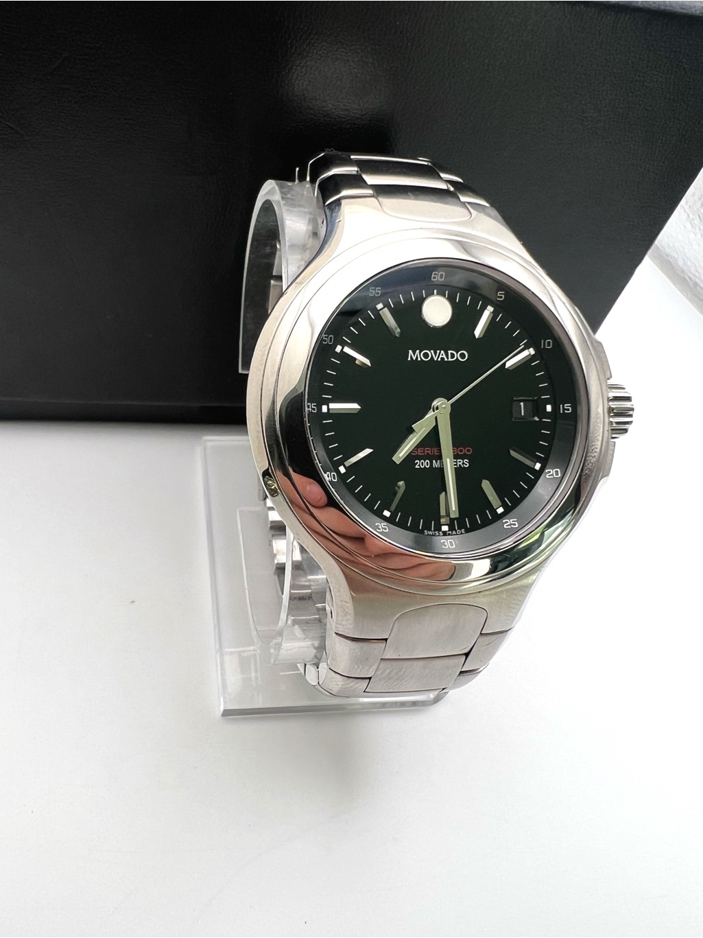 Movado Mens Silver Stainless Steel Watch With Black Dial